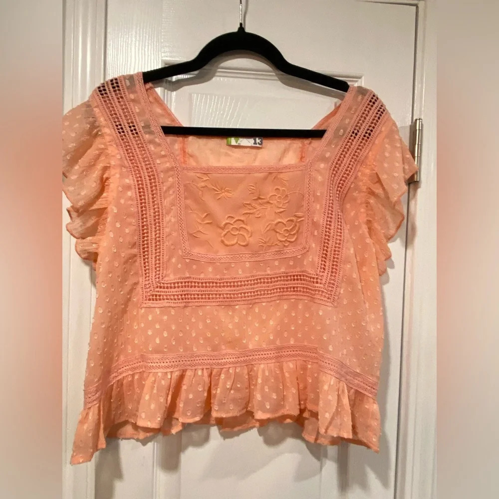 18 Forever Pink Lace Embroidered Ruffle Sleeve Cropped Baby Doll Top Size 13